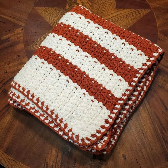 Vintage Handmade Crochet Throw Blanket Off White with Burnt Orange Stripes - Picture 1 of 10